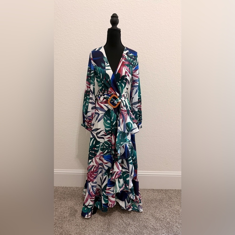 Elegant Multicolor Leaf Print Maxi Dress Asymmetrical Hem w/ Belt-BOHO CHIC